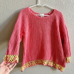 Christopher Banks XL Hand Crochet Sweater Pink Yellow Flower Fairy Cottagecore